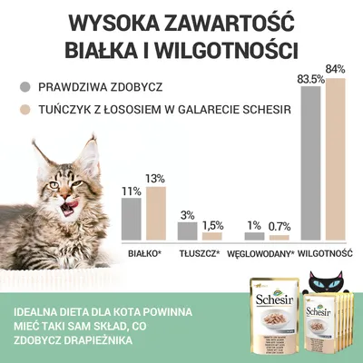Porównanie składu: prawdziwa zdobycz vs tuńczyk z łososiem w galarecie Schesir. Białko 11%/13%, tłuszcz 3%/1,5%, węglowodany 1%/0,7%, wilgotność 83,5%/84%. Opakowania Schesir widoczne.