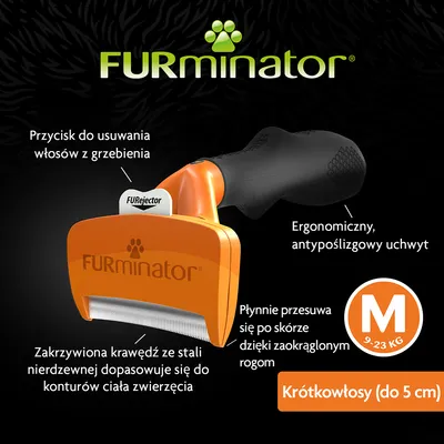 FURminator, rozmiar M 9–23 kg, dla krótkowłosych (do 5 cm). Przycisk do usuwania włosów, ergonomiczny uchwyt, zakrzywiona krawędź ze stali nierdzewnej, zaokrąglone rogi.