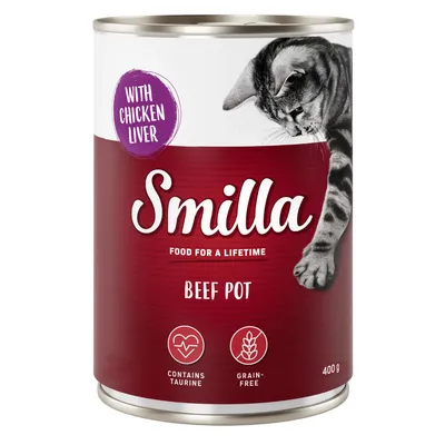 Konzerva Smilla Beef Pot, s textom: WITH CHICKEN LIVER, FOOD FOR A LIFETIME, CONTAINS TAURINE, GRAIN-FREE, hmotnosť 400 g. Na etikete je mačka.
