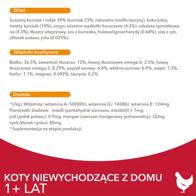 Skład: kurczak i indyk 39 %, kukurydza, sorgo, buraki, celuloza, tłuszcz wieprzowy, fruktooligosacharydy. Białko 36,5 %, tłuszcz 12 %. Dla kotów niewychodzących z domu 1+ lat.