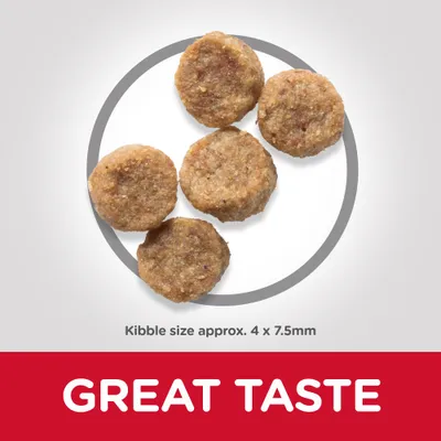 Pet komada okrugle hrane, veličina granula približno 4 x 7,5 mm. Tekst: GREAT TASTE.