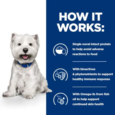 HOW IT WORKS: Single novel intact protein to help avoid adverse reactions to food. With bioactives & phytonutrients to support healthy immune response. With Omega-3s from fish oil to help support continued skin health. Az angol szöveg a képen szerepel.