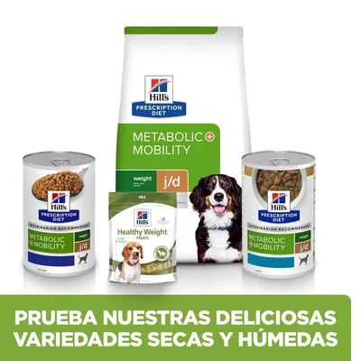 Hill's Prescription Diet Metabolic + Mobility j/d: saco de pienso, dos latas y snacks Healthy Weight Treats para perros. Texto: Prueba nuestras deliciosas variedades secas y húmedas.