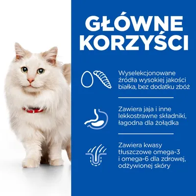 Główne korzyści: wyselekcjonowane źródła wysokiej jakości białka bez zbóż, lekkostrawne składniki z jajami, kwasy tłuszczowe omega-3 i omega-6 dla skóry. Biały kot obok tekstu.