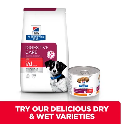 Hill's Prescription Diet Digestive Care Mini i/d Stress dry food bag and wet food tin for dogs, with text: Try our delicious dry & wet varieties