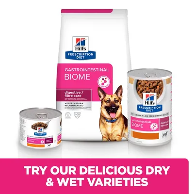 Hill's Prescription Diet Gastrointestinal Biome dry and wet dog food packaging, visible text: digestive/fibre care, veterinarian recommended. Banner reads: Try our delicious dry & wet varieties.