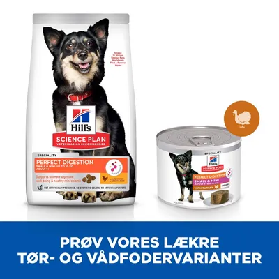Hill's Science Plan Perfect Digestion tørfoder med kylling & brun ris og vådfoder med kalkun til små hunde. Tekst: Prøv vores lækre tør- og vådfodervarianter.