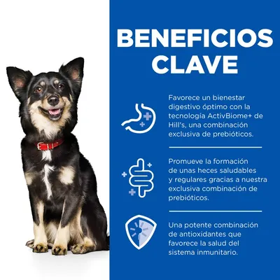 Beneficios clave: bienestar digestivo óptimo con ActivBiome+ de Hill’s, formación de heces saludables y combinación de antioxidantes para la salud inmunitaria. Texto en español.