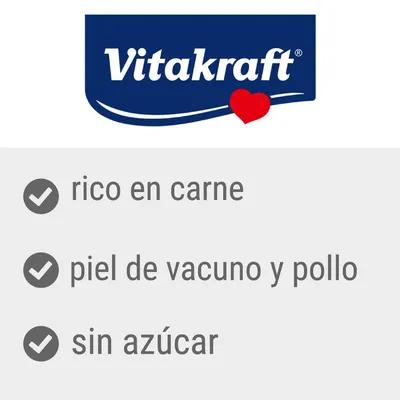 Vitakraft. Rico en carne, piel de vacuno y pollo, sin azúcar.