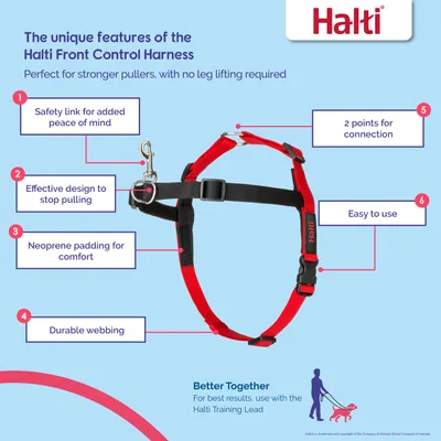 Features of Halti Front Control Harness: safety link, design to stop pulling, neoprene padding, durable webbing, two connection points, easy to use. For best results, use with Halti Training Lead.