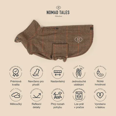 Nomad Tales München hnědý psí kabátek s kapsou, text: Prémiová kvalita, Navrženo pro pohodlí, Nastavitelný, Jednoduché oblékání, Nízká hmotnost, Měkoučký, Reflexní detaily, Plný rozsah pohybu, Lze prát v pračce, Vyrobeno s láskou.