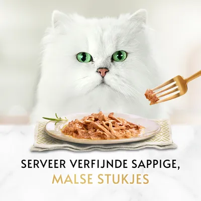 Witte kat met groene ogen achter bord natvoer. Tekst: Serveer verfijnde sappige, malse stukjes.