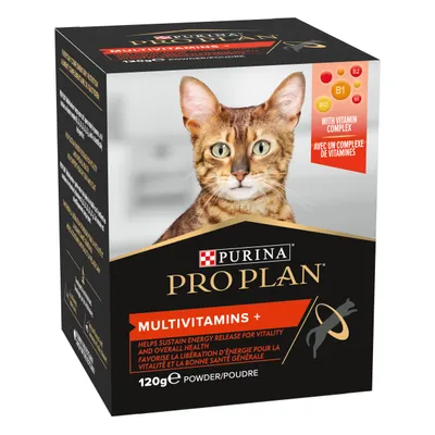 Purina Pro Plan Multivitamins+ for cats, 120g powder. With vitamin complex B1, B2, B5, B12. Helps sustain energy release for vitality and overall health. Text also in French.