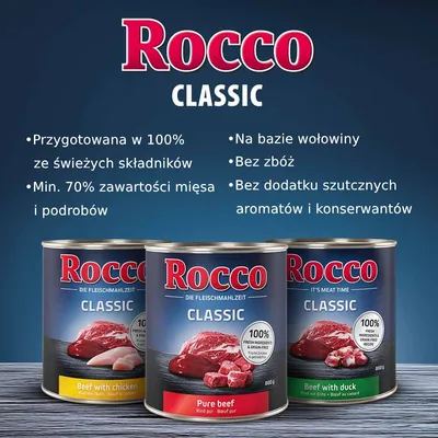 Rocco Classic. Przygotowana w 100% ze świeżych składników, min. 70% mięsa i podrobów, na bazie wołowiny, bez zbóż, bez sztucznych aromatów i konserwantów.