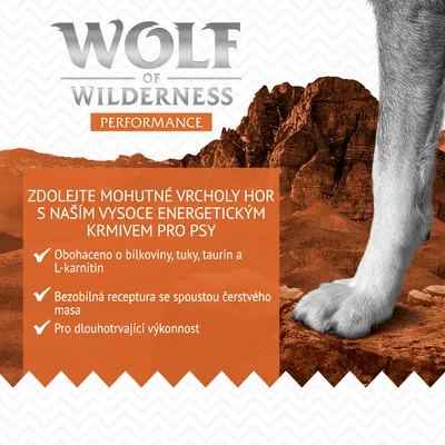 Wolf of Wilderness Performance. Zdolte mohutné vrcholy hor s naším vysoce energetickým krmivem pro psy. Obohaceno o bílkoviny, tuky, taurin a L-karnitin. Bezobilná receptura. Pro dlouhotrvající výkonnost.
