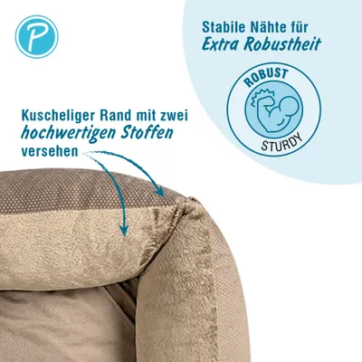 Kuscheliger Rand mit zwei hochwertigen Stoffen, stabile Nähte für extra Robustheit. Symbol: robust/sturdy. Kuscheliger Rand mit zwei hochwertigen Stoffen, stabile Nähte für extra Robustheit. Symbol: robust/sturdy.
