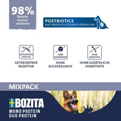 98% állati összetevők és húsleves, posztbiotikumok az egészséges emésztésért, gabonamentes receptúra, hozzáadott cukor nélkül, további színezékek nélkül, Bozita Mono Protein Duo Protein Mixpack.