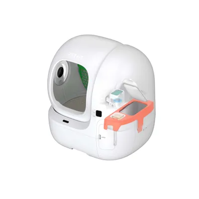 PETKIT automatische Katzentoilette in Weiß mit Sichtfenster, integriertem Display und seitlichem Fach für Zubehör. PETKIT automatische Katzentoilette in Weiß mit Sichtfenster, integriertem Display und seitlichem Fach für Zubehör.