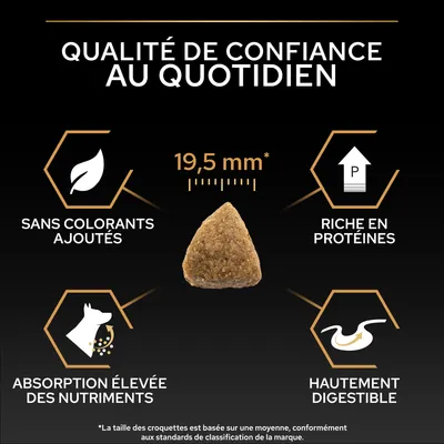Taille des croquettes 19,5 mm, sans colorants, riche en protéines, absorption élevée des nutriments, haute digestibilité. Qualité de confiance au quotidien. Taille des croquettes 19,5 mm, sans colorants, riche en protéines, absorption élevée des nutriments, haute digestibilité. Qualité de confiance au quotidien.
