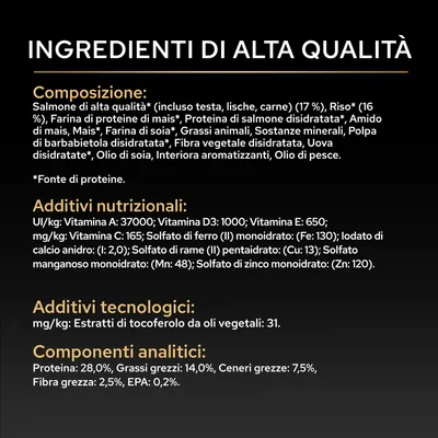 Lista degli ingredienti e valori analitici: salmone, riso, proteine di mais, vitamina A, D3, E, C, minerali, tocoferoli da oli vegetali, proteine 28%, grassi 14%, ceneri grezze 7,5%, fibra grezza 2,5%, EPA 0,2%. Lista degli ingredienti e valori analitici: salmone, riso, proteine di mais, vitamina A, D3, E, C, minerali, tocoferoli da oli vegetali, proteine 28%, grassi 14%, ceneri grezze 7,5%, fibra grezza 2,5%, EPA 0,2%.