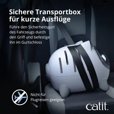 Sichere Transportbox für kurze Ausflüge. Sicherheitsgurt durch den Griff führen und im Gurtschloss befestigen. Nicht für Flugreisen geeignet. Marke: catit. Sichere Transportbox für kurze Ausflüge. Sicherheitsgurt durch den Griff führen und im Gurtschloss befestigen. Nicht für Flugreisen geeignet. Marke: catit.