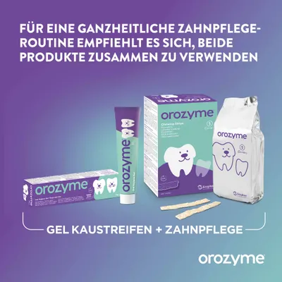 Orozyme Gel und Kaustreifen für Zahnpflege. Empfehlung: Für eine ganzheitliche Zahnpflege beide Produkte zusammen verwenden.