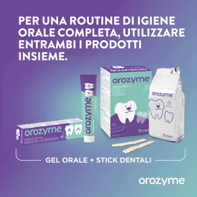 Gel Orozyme e strisce da masticare per l'igiene orale. Per una routine orale completa, utilizzare entrambi i prodotti insieme. Confezioni e prodotti visibili. Gel Orozyme e strisce da masticare per l'igiene orale. Per una routine orale completa, utilizzare entrambi i prodotti insieme. Confezioni e prodotti visibili.