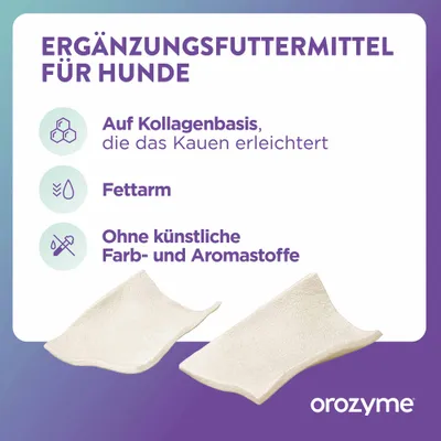 Ergänzungsfuttermittel für Hunde, auf Kollagenbasis, fettarm, ohne künstliche Farb- und Aromastoffe. Marke: orozyme. Ergänzungsfuttermittel für Hunde, auf Kollagenbasis, fettarm, ohne künstliche Farb- und Aromastoffe. Marke: orozyme.