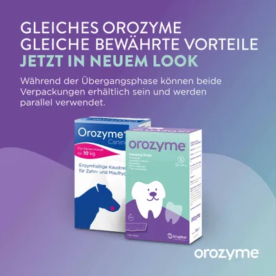 Orozyme: Gleiches Produkt, neuer Look. Während der Übergangsphase sind beide Verpackungen erhältlich und können parallel verwendet werden. Orozyme: Gleiches Produkt, neuer Look. Während der Übergangsphase sind beide Verpackungen erhältlich und können parallel verwendet werden.