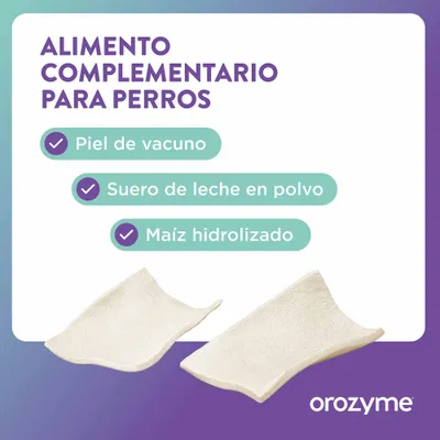 Alimento complementario para perros con piel de vacuno, leche en polvo e maíz hidrolizado. Marca: orozyme.