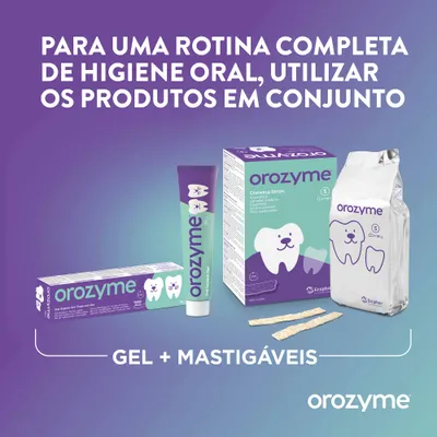Orozyme Gel e tiras mastigáveis. Para uma rotina completa de higiene oral, utilize ambos os produtos em conjunto.
