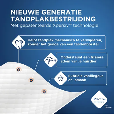 Plaqtiv+ met Xpersiv-technologie: verwijdert tandplak zonder borstel, ondersteunt een frisse adem bij huisdieren, subtiele vanillegeur en -smaak. Plaqtiv+ met Xpersiv-technologie: verwijdert tandplak zonder borstel, ondersteunt een frisse adem bij huisdieren, subtiele vanillegeur en -smaak.