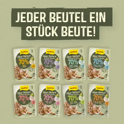 GimCat Near Nature nourriture humide pour chats, 70 % de viande, variétés : poulet, poulet-canard, poulet-faisan, poulet-truite, bœuf, bœuf-canard, dinde-gibier, poulet-lapin. Chaque sachet, un morceau de proie ! GimCat Near Nature nourriture humide pour chats, 70 % de viande, variétés : poulet, poulet-canard, poulet-faisan, poulet-truite, bœuf, bœuf-canard, dinde-gibier, poulet-lapin. Chaque sachet, un morceau de proie !