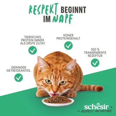 Le respect commence dans la gamelle. Protéine animale toujours comme premier ingrédient, teneur élevée en protéines, faible teneur en céréales, recette 100 % transparente. schesir Respect My Nature.