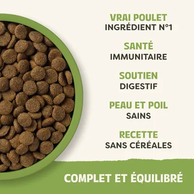 Vrai poulet, ingrédient n°1 ; santé du système immunitaire ; soutien de la digestion ; peau et fourrure saines ; recette sans céréales ; complet et équilibré. Vrai poulet, ingrédient n°1 ; santé du système immunitaire ; soutien de la digestion ; peau et fourrure saines ; recette sans céréales ; complet et équilibré.