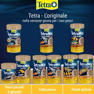 Tetra TetraMin mangime per pesci: Mini Granules, Granules, XL Granules, Baby, Junior, Crisps, Flakes, XL Crisps. Categorie: pesci piccoli & giovani, tutti i pesci, pesci grandi. Tetra TetraMin mangime per pesci: Mini Granules, Granules, XL Granules, Baby, Junior, Crisps, Flakes, XL Crisps. Categorie: pesci piccoli & giovani, tutti i pesci, pesci grandi.