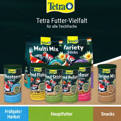 Tetra Futter-Vielfalt für alle Teichfische: Multi Mix, Variety Sticks, Wheatgerm Sticks, Pond Flakes, Pond Sticks, Pond Pellets Mini, Colour Sticks, Shrimp Mix. Frühjahr/Herbst, Hauptfutter, Snacks. Tetra Futter-Vielfalt für alle Teichfische: Multi Mix, Variety Sticks, Wheatgerm Sticks, Pond Flakes, Pond Sticks, Pond Pellets Mini, Colour Sticks, Shrimp Mix. Frühjahr/Herbst, Hauptfutter, Snacks.