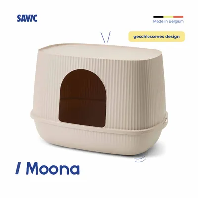 SAVIC Moona, geschlossenes Design, Made in Belgium. Beige Kunststoffbox mit Eingang. SAVIC Moona, geschlossenes Design, Made in Belgium. Beige Kunststoffbox mit Eingang.