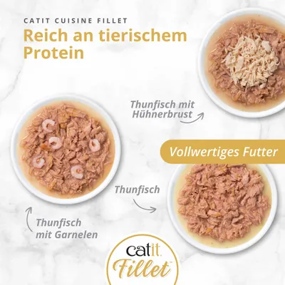 Catit Cuisine Filet. Riche en protéine animale. Aliment complet : thon, thon avec crevettes, thon avec blanc de poulet. Catit Cuisine Filet. Riche en protéine animale. Aliment complet : thon, thon avec crevettes, thon avec blanc de poulet.
