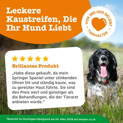 Leckere Kaustreifen, die Ihr Hund liebt. Von 380.000 Tierhaltern geliebt. 5-Sterne-Bewertung: Brillantes Produkt mit positiver Kundenmeinung. Bewertet am 04. März 2026 auf amazon.co.uk. Leckere Kaustreifen, die Ihr Hund liebt. Von 380.000 Tierhaltern geliebt. 5-Sterne-Bewertung: Brillantes Produkt mit positiver Kundenmeinung. Bewertet am 04. März 2026 auf amazon.co.uk.