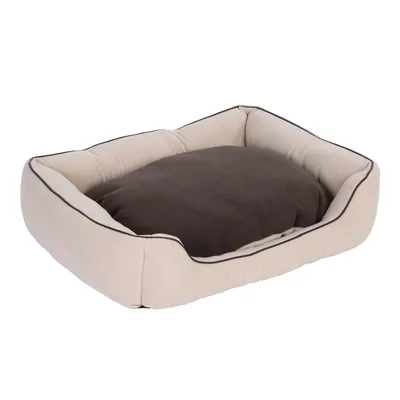 Cama rectangular para mascotas con bordes altos de tela beige y cojín interior marrón. Sin marcas ni texto visible.