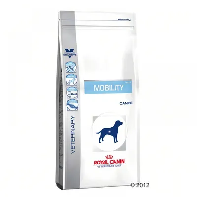 Royal Canin Veterinary Diet Mobility Canine, bela vreča z modrim napisom MOBILITY in silhueto psa, vidni logotip Royal Canin ter oznake VETERINARY EXCLUSIVE na strani.
