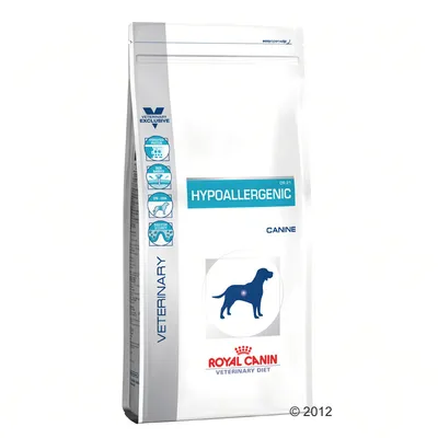 Royal Canin Veterinary Diet Hypoallergenic Canine, hypoallergenes Hundefutter in weißer Verpackung mit blauem Hundelogo.