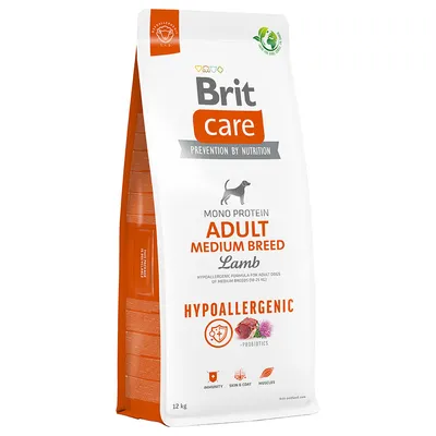 Brit Care Adult Medium Breed Lamb, hypoallergeen monoproteïne hondenvoer voor middelgrote volwassen honden (10-25 kg), met probiotica, ondersteuning van immuniteit, huid en vacht, 12 kg.