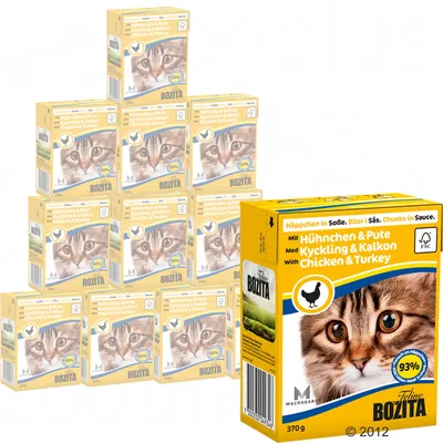 Bozita Feline hrana za mačke, komadići u umaku s piletinom i puretinom, 370 g, vidljivo više pakiranja. Tekst: 93 % životinjskih proteina, Chicken & Turkey.