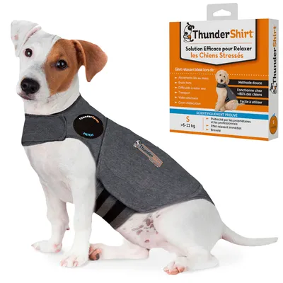 Chien portant un gilet ThunderShirt gris, à côté de l’emballage indiquant : Solution efficace pour relaxer les chiens stressés, taille S 6–11 kg, méthode douce, facile à utiliser.