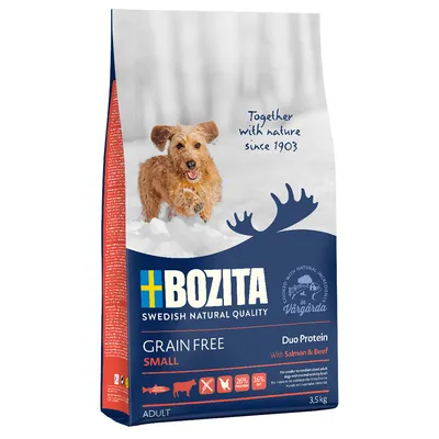 Bozita Grain Free Small Duo Protein met zalm en rund, 3,5 kg. Swedish Natural Quality, geproduceerd in Vårgårda. Voor kleine honden, 26% eiwit, 16% vet.