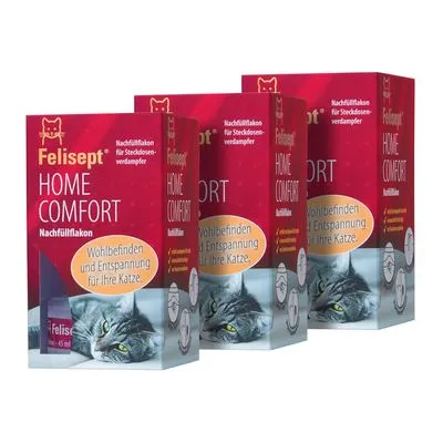 Felispet HOME COMFORT navulflacon voor stekkerverdamper, verpakking toont kat en Duitse tekst: Wohlbefinden und Entspannung für Ihre Katze. Set van drie verpakkingen zichtbaar.