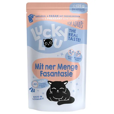 Lucky Lou kattmat för vuxna, fjäderfä och fasan med tranbär, tillverkad i Tyskland, spannmålsfri, utan tillsatt socker, 96% köttandel. Förpackningsstorlek: 125g.