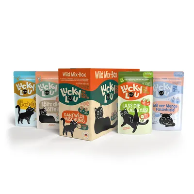 Lucky Lou Wild Mix-Box för vuxna, 12 påsar med olika smaker: kyckling, vildsvin, fasan. Förpackningarna visar kattillustrationer och produktnamn.